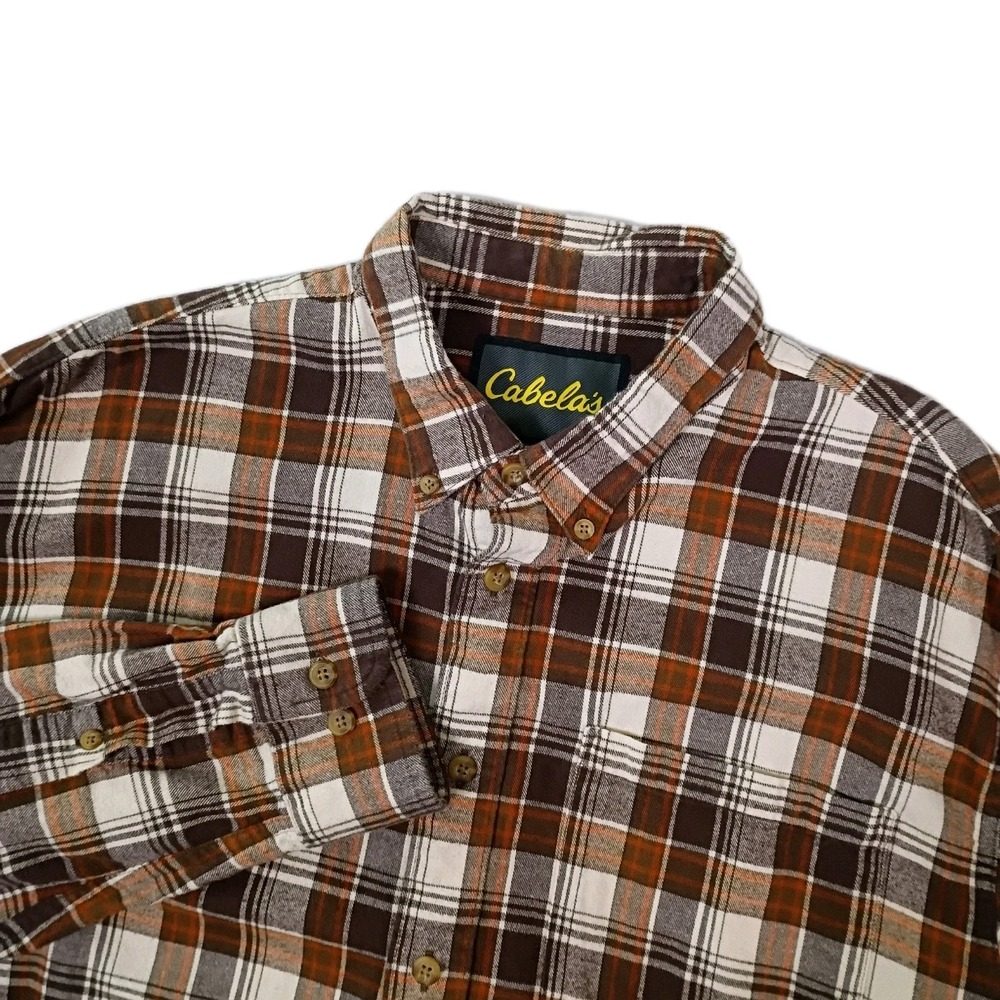 Cabela's Button Up Shirt Mens XLT Brown Plaid Flannel Casual Pocket 100% Cotton